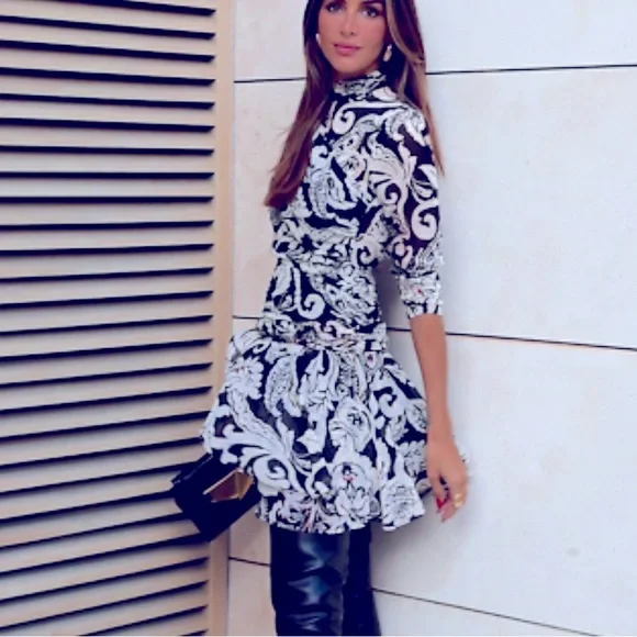 New Zara Zara Printed Dress with Metallic Thread - Picture 1 of 17